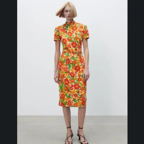Zara Floral Jacquard High Neck Midi Dress Size M EUC - Picture 1 of 13